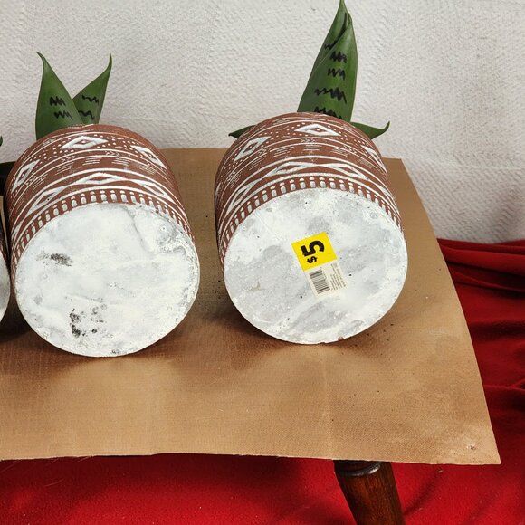 Faux Plants in Terracotta Tribal Print Faux Cement Pots Set of 3 4"Wx9"H - Picture 13 of 15